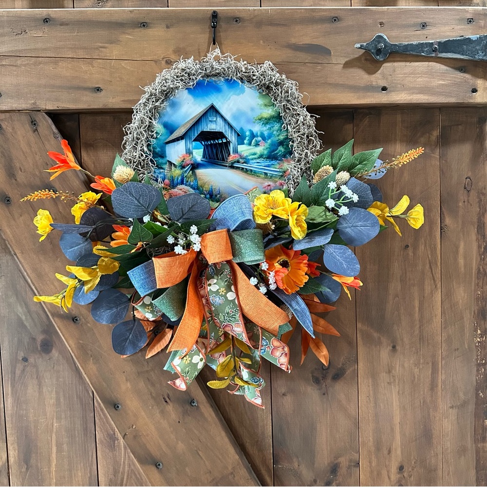 Floral Wall Decor with a covered bridge, Orange and Yellow Accents.